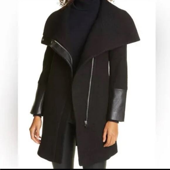 Club Monaco Halli Belted Wool & Leather Asymmetrical Coat Black Small C3931 - Picture 1 of 13